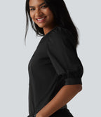 Blouse décontractée col Henley manches bouffantes mi-longues