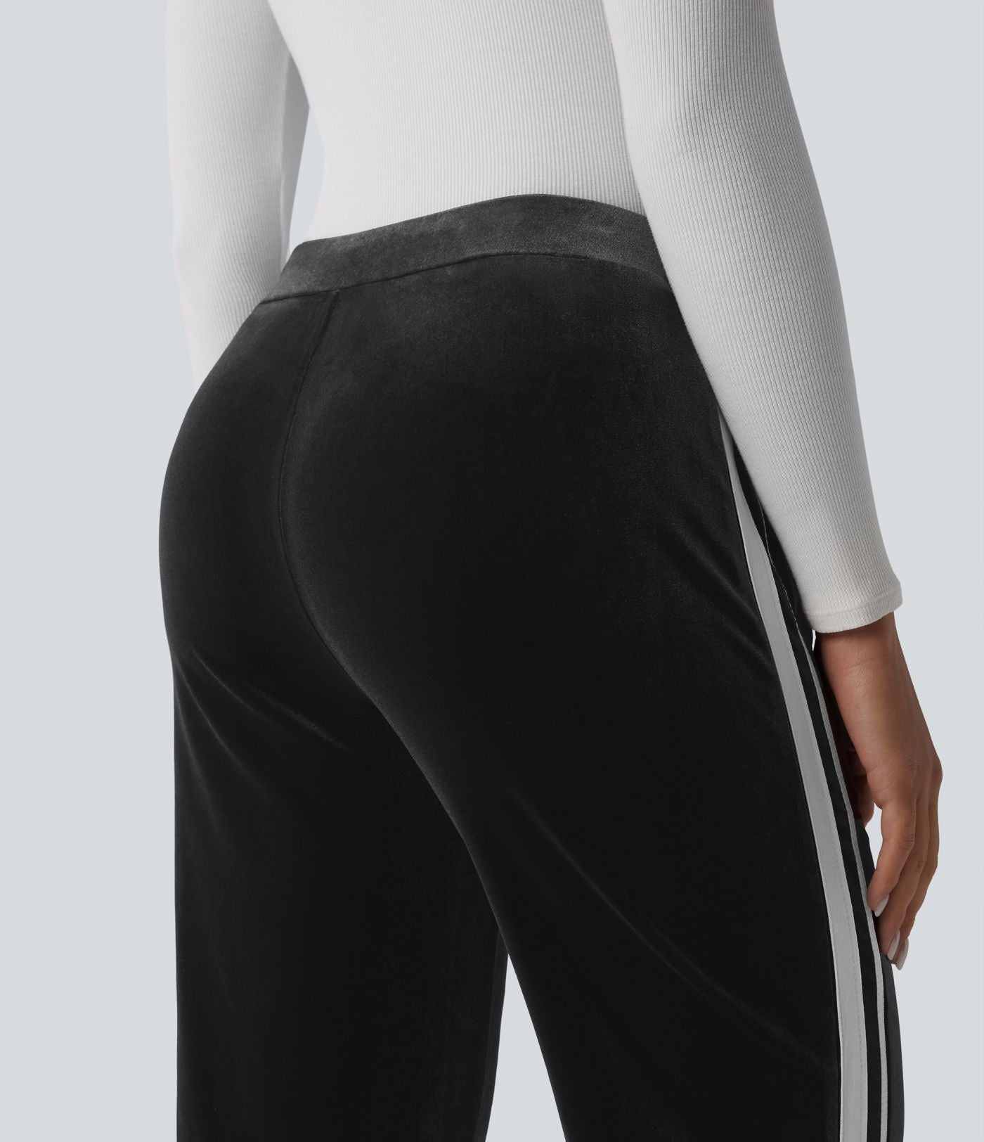 Pantalon évasé en velours taille basse color block à rayures avec poches