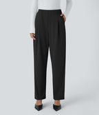 Pantalon décontracté barrel droit en crêpe, taille haute, avec poches