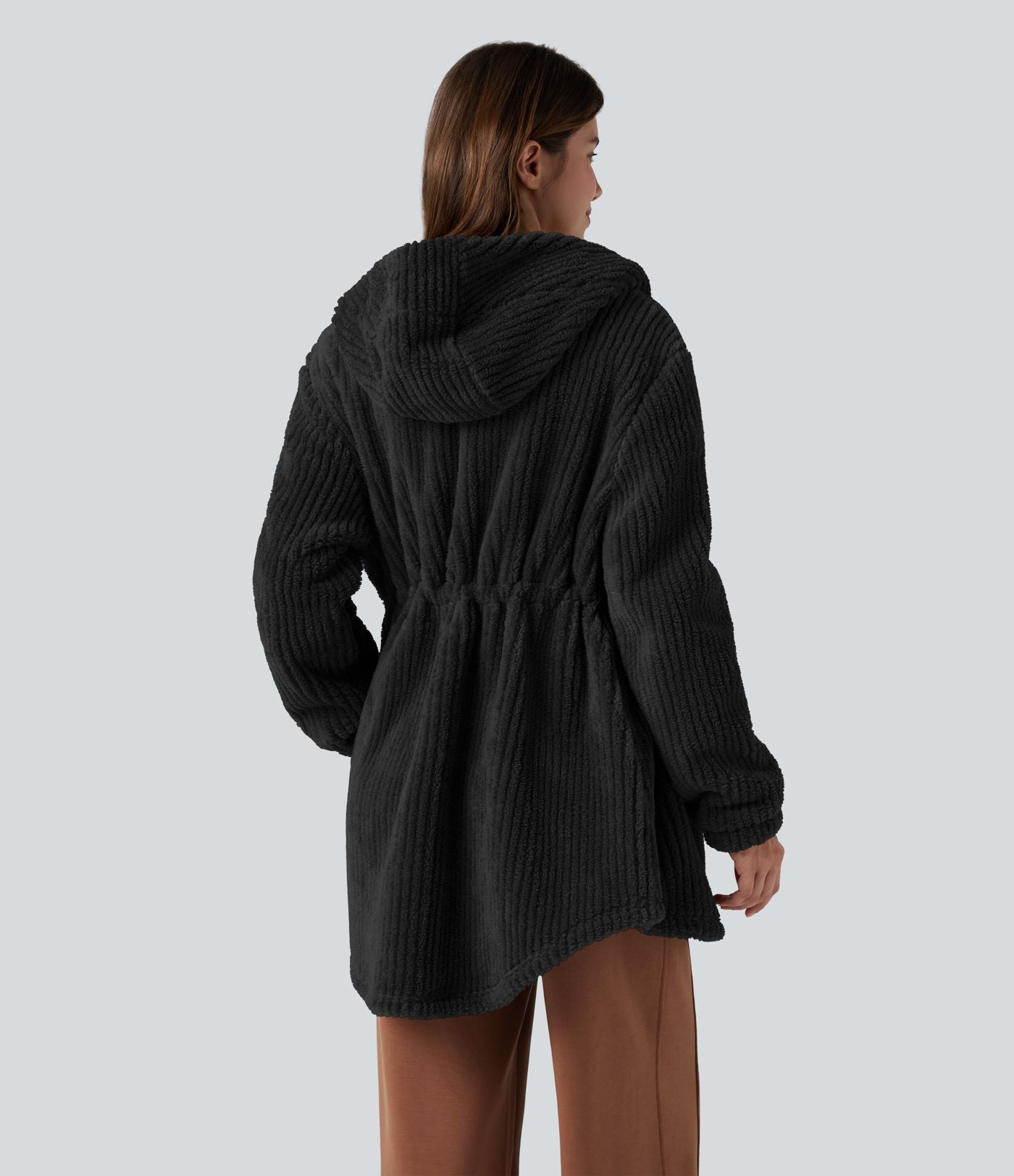 Veste sherpa décontractée à capuche cordon de serrage ourlet arrondi avec poches