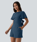 Combishort décontracté SoftlyZero™ Airy à volants manches courtes avec nœud au dos et effet frais InstantCool avec poches, accès facile Easy Peasy
