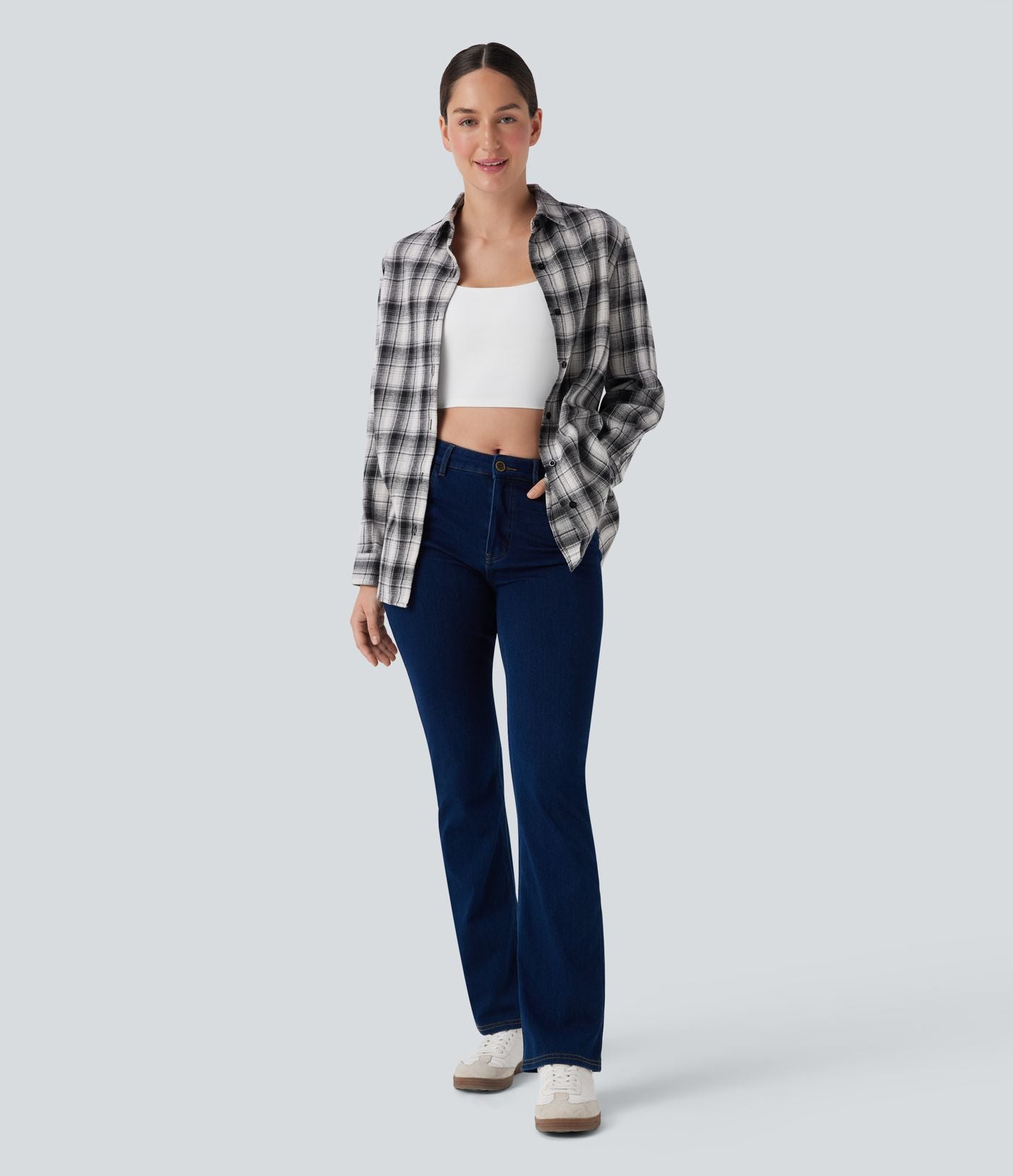 Chemise décontractée à motif écossais avec col, manches longues et boutonnage