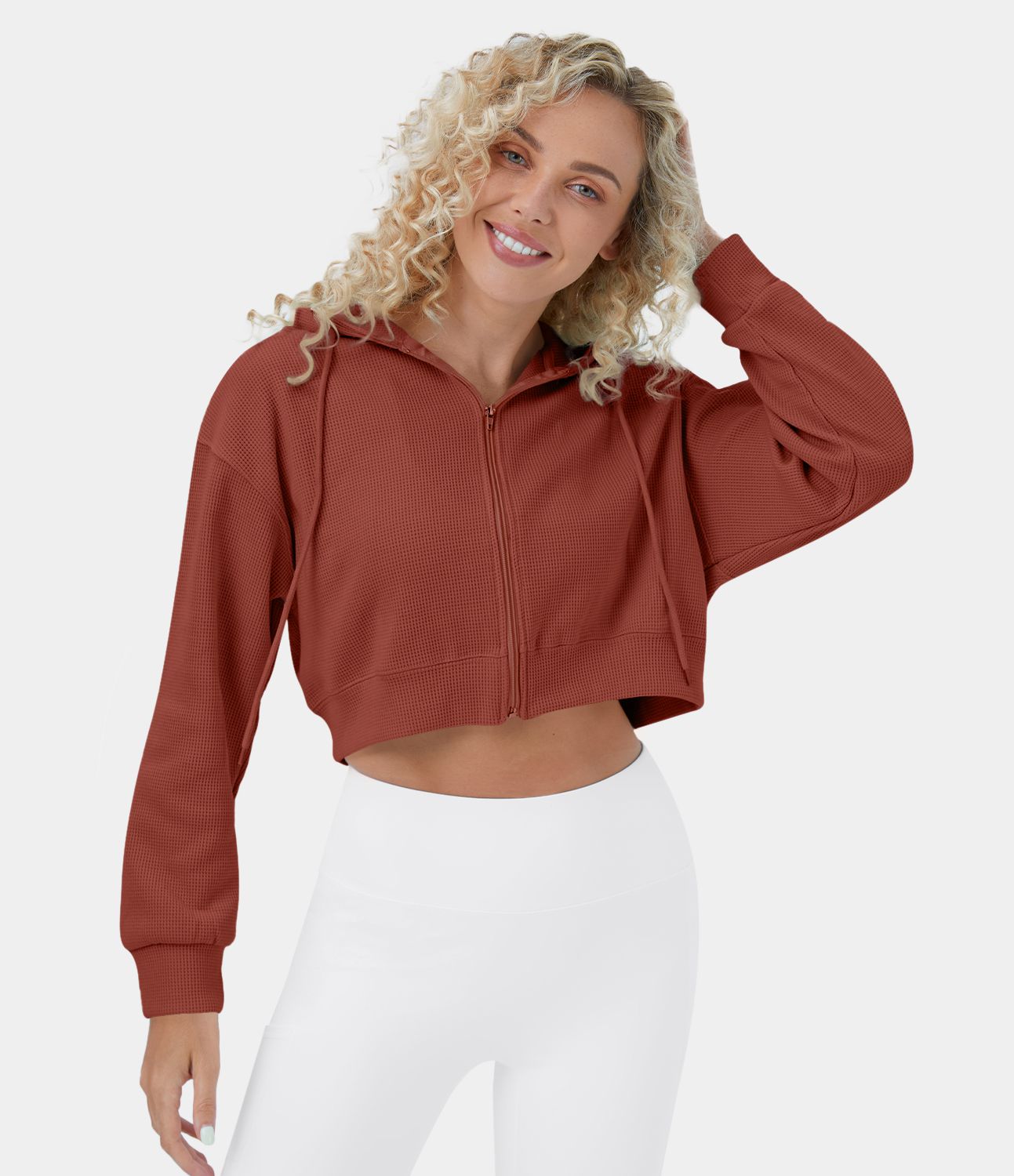Sweatshirt en Coton Casual à Manches Longues avec Cordon de Serrage et Zipper Style Waffle