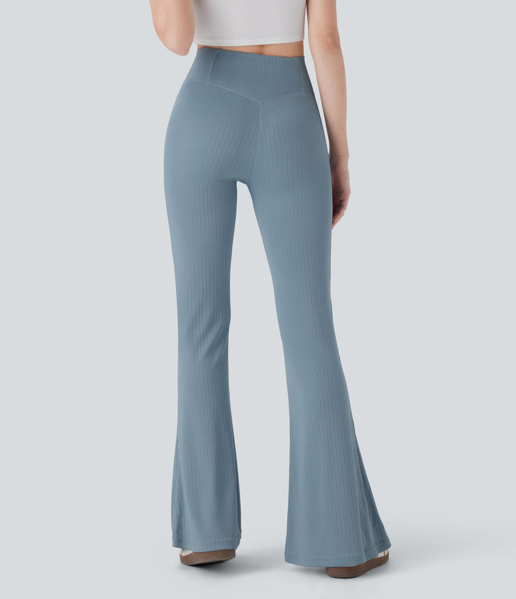 Pantalon large fluide côtelé à taille haute croisée avec poche arrière