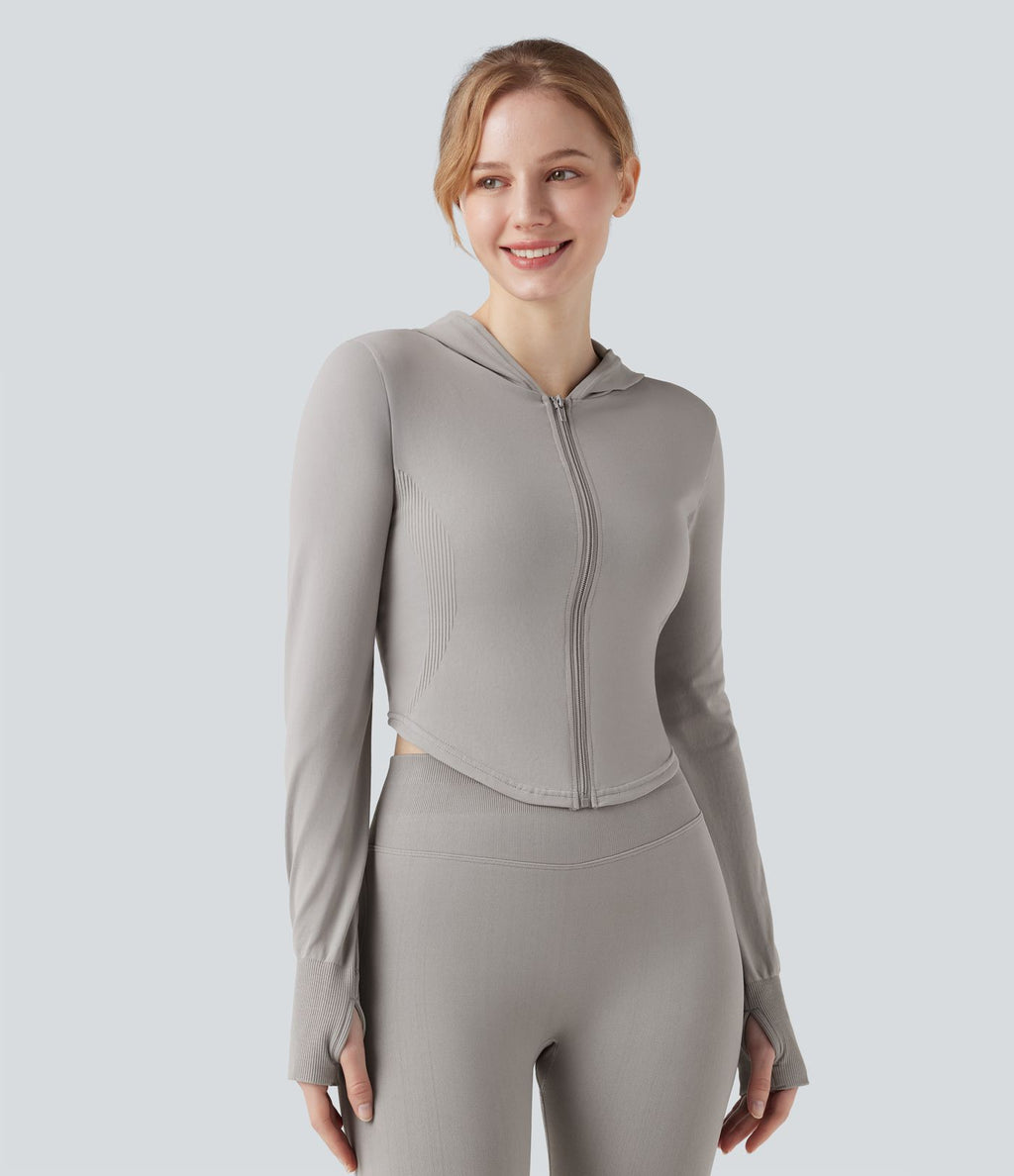 Veste yoga à capuche zippée à manches longues avec passants pouces et ourlet arrondi sans couture OneForm Seamless Flow