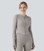 Veste yoga à capuche zippée à manches longues avec passants pouces et ourlet arrondi sans couture OneForm Seamless Flow