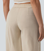 Pantalon casual taille mi-haute coupe tonneau aspect lin, avec poches