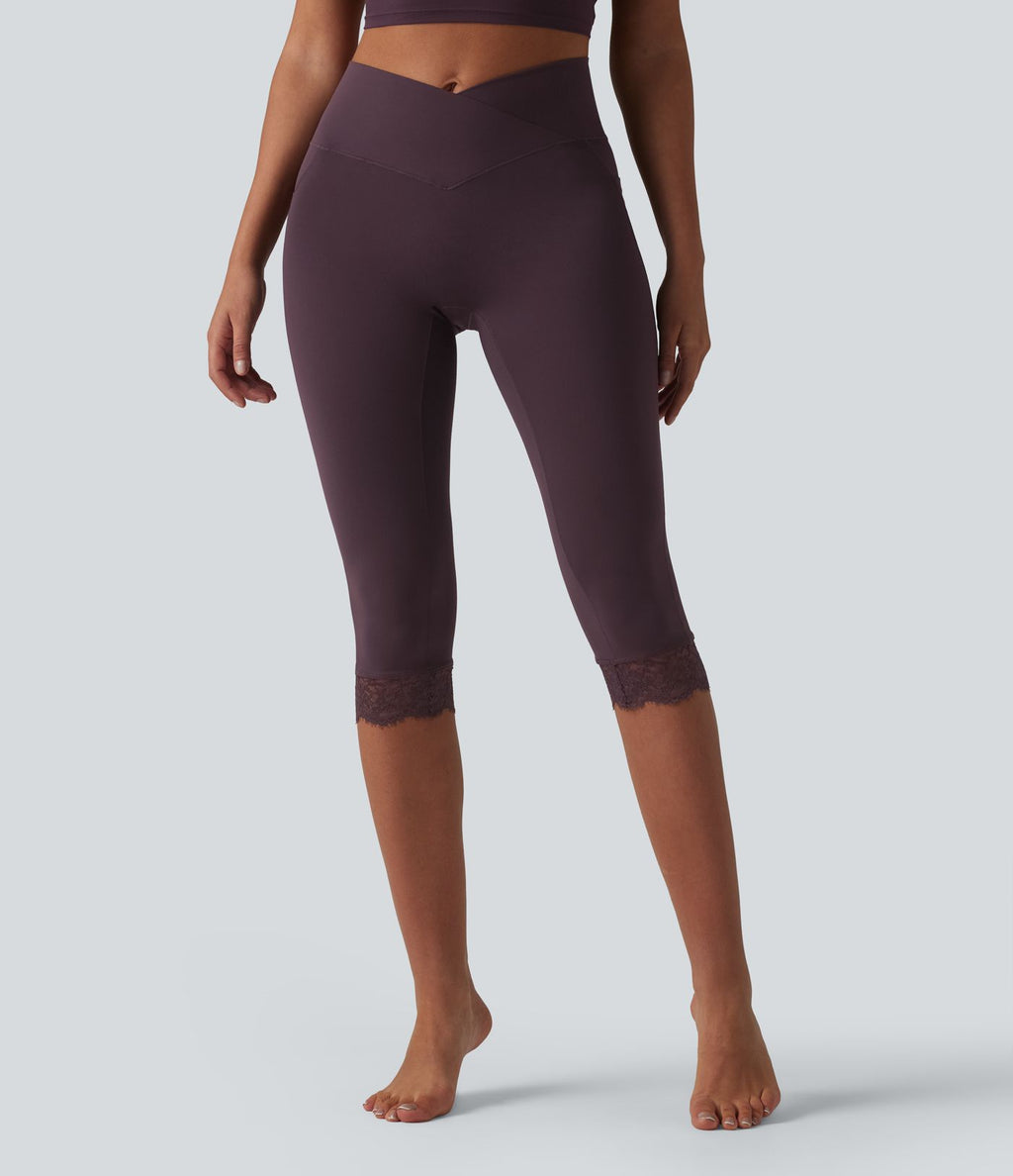 SoftlyZero™ Legging corsaire de yoga croisé taille haute avec dentelle contrastée et poches - UPF50+