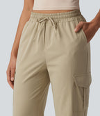 Jogging cargo décontracté popeline extensible taille mi-haute avec cordon de serrage et poches