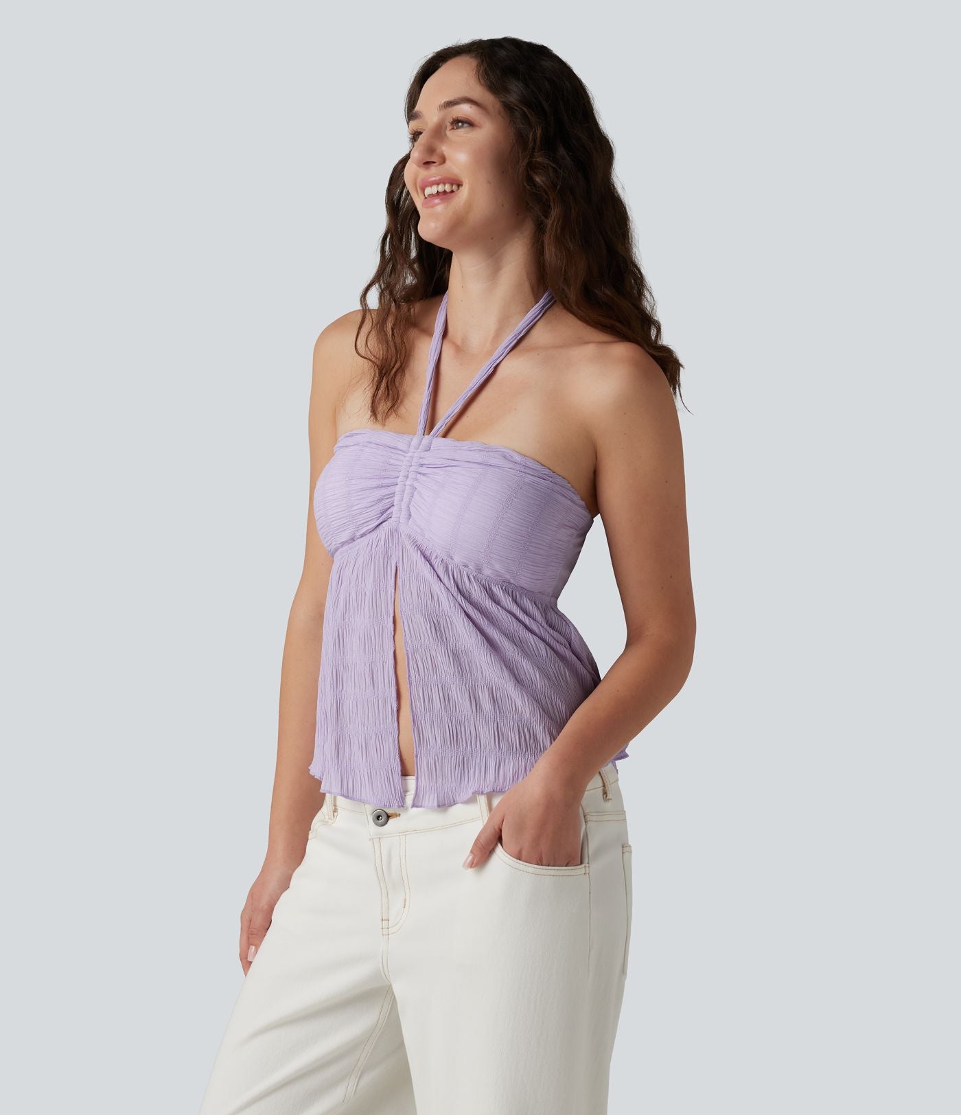 Débardeur dos nu avec soutien-gorge intégré, col licou, lien dans le dos et bordure ondulée