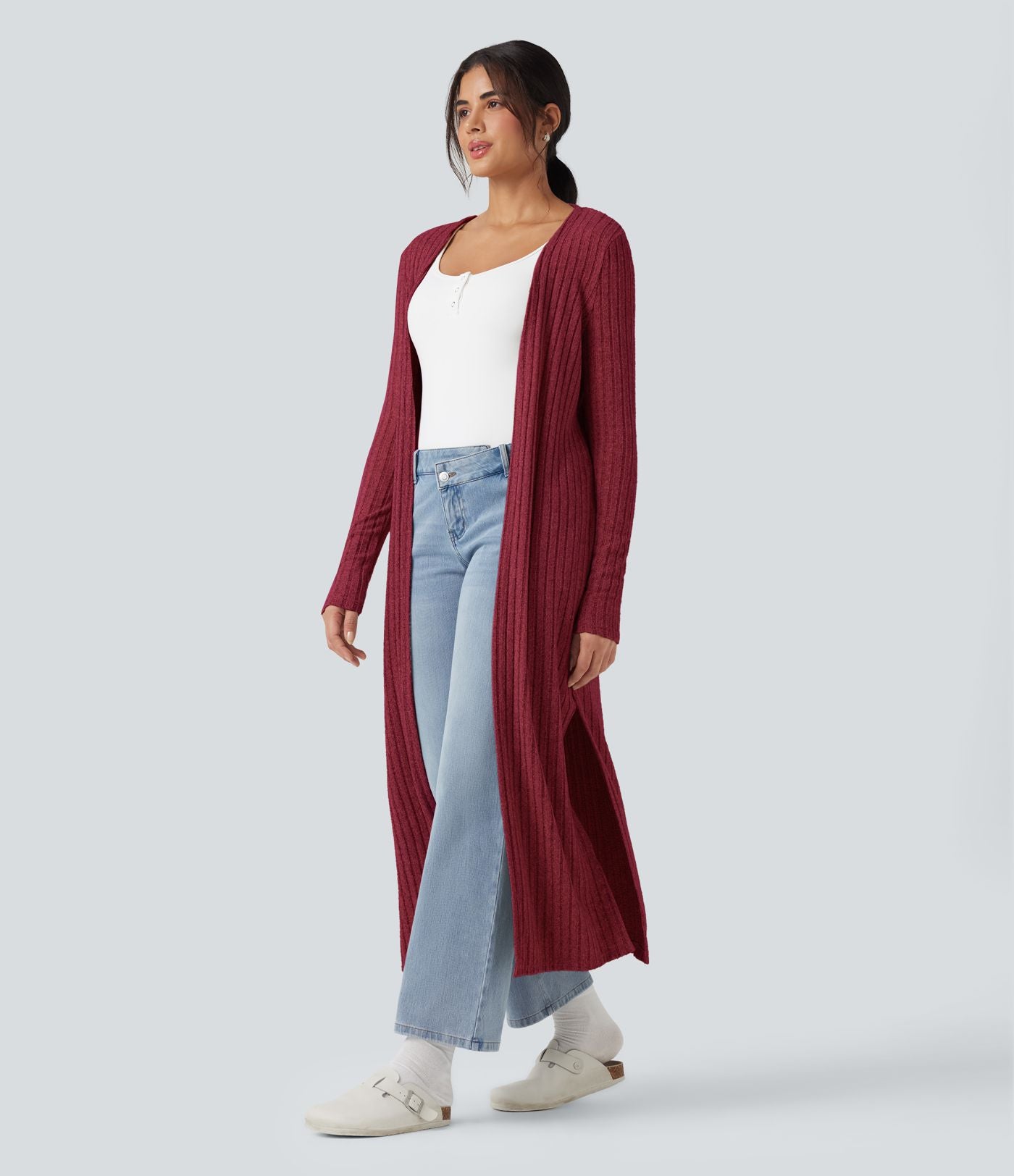 Manteau long décontracté maille côtelée manches longues avec fente