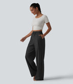 Pantalon large fluide en lin stretch taille haute avec cordon de serrage et poches