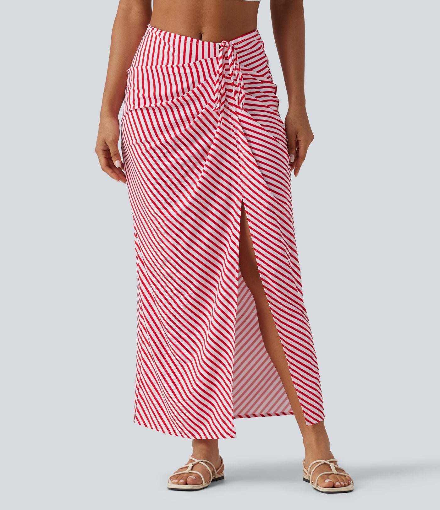 Jupe longue moulante taille mi-haute avec nœud devant et fronces imprimé floral/à rayures