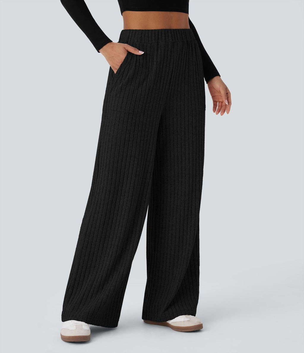 Pantalon large décontracté côtelé taille haute avec poches multiples