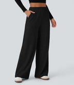 Pantalon large décontracté côtelé taille haute avec poches multiples