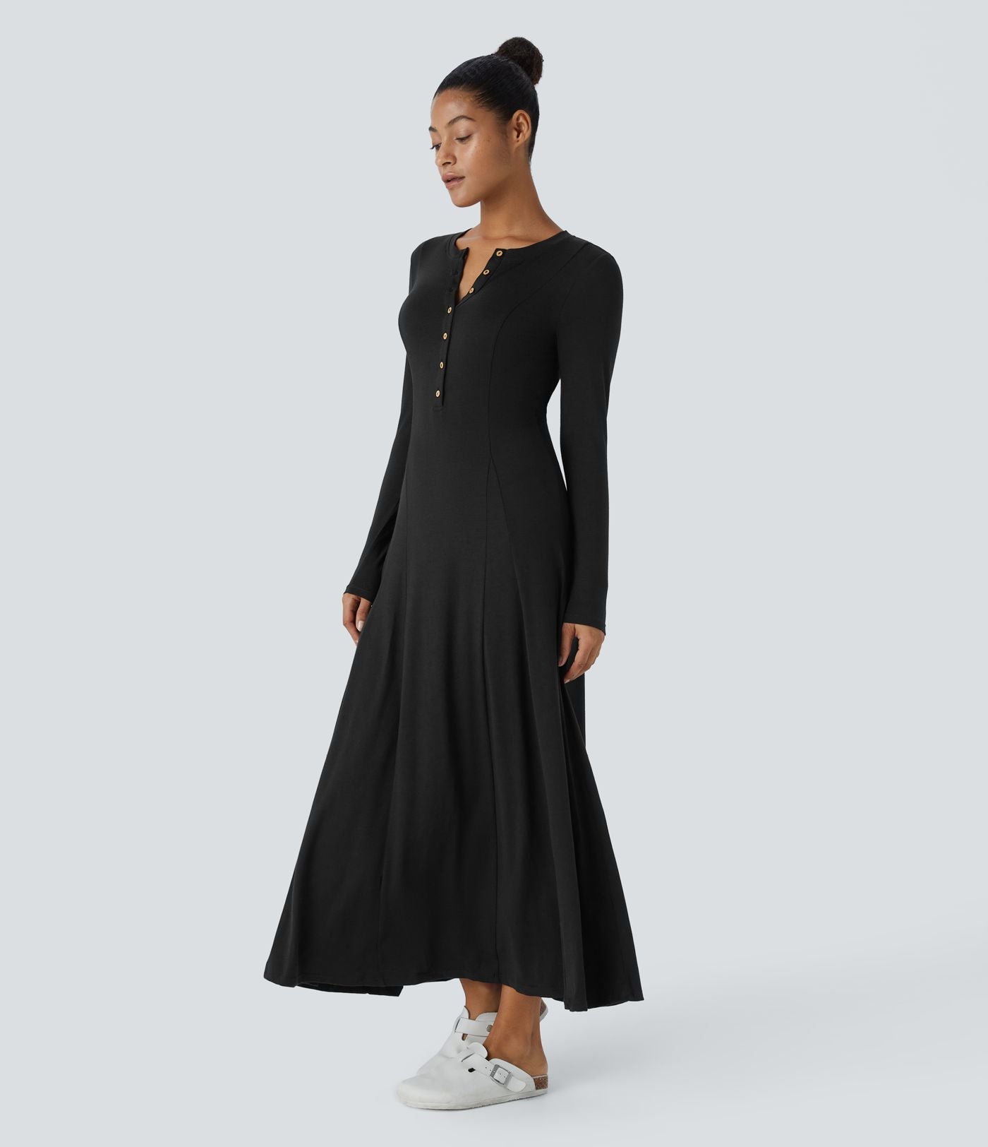 Robe de Casual Maxi Manches Longues Évasées et Boutons au Col Rond