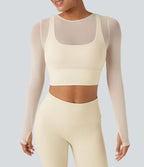 Haut de sport yoga cropped 2-en-1 manches longues mesh contrastant à trous pouces