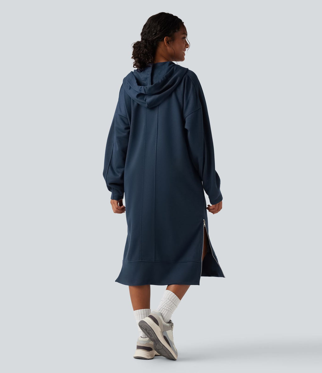 Robe sweat midi à capuche avec cordon de serrage et zip à l'ourlet à manches longues avec poches