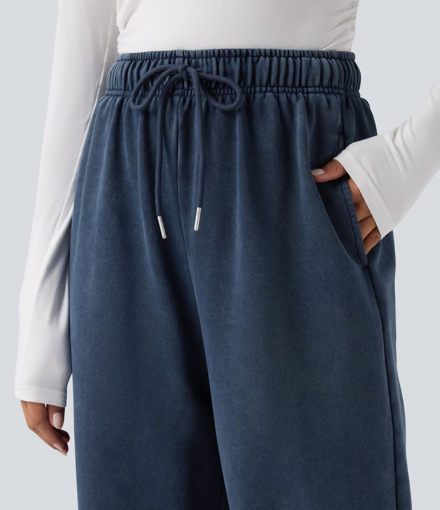 Pantalon jogging en coton molleton français délavé taille haute avec cordon de serrage et poches