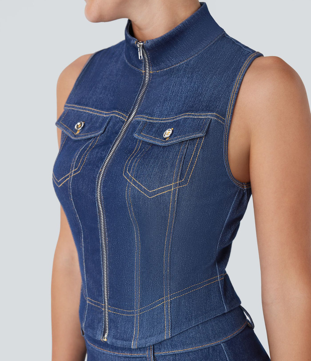 Débardeur de tennis Halara Flex™ en denim stretch délavé avec col montant, fermeture éclair et effet frais InstantCool