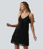Robe nuisette courte décontractée à volants, dos nu croisé, empiècement en résille, brassière intégrée et poches
