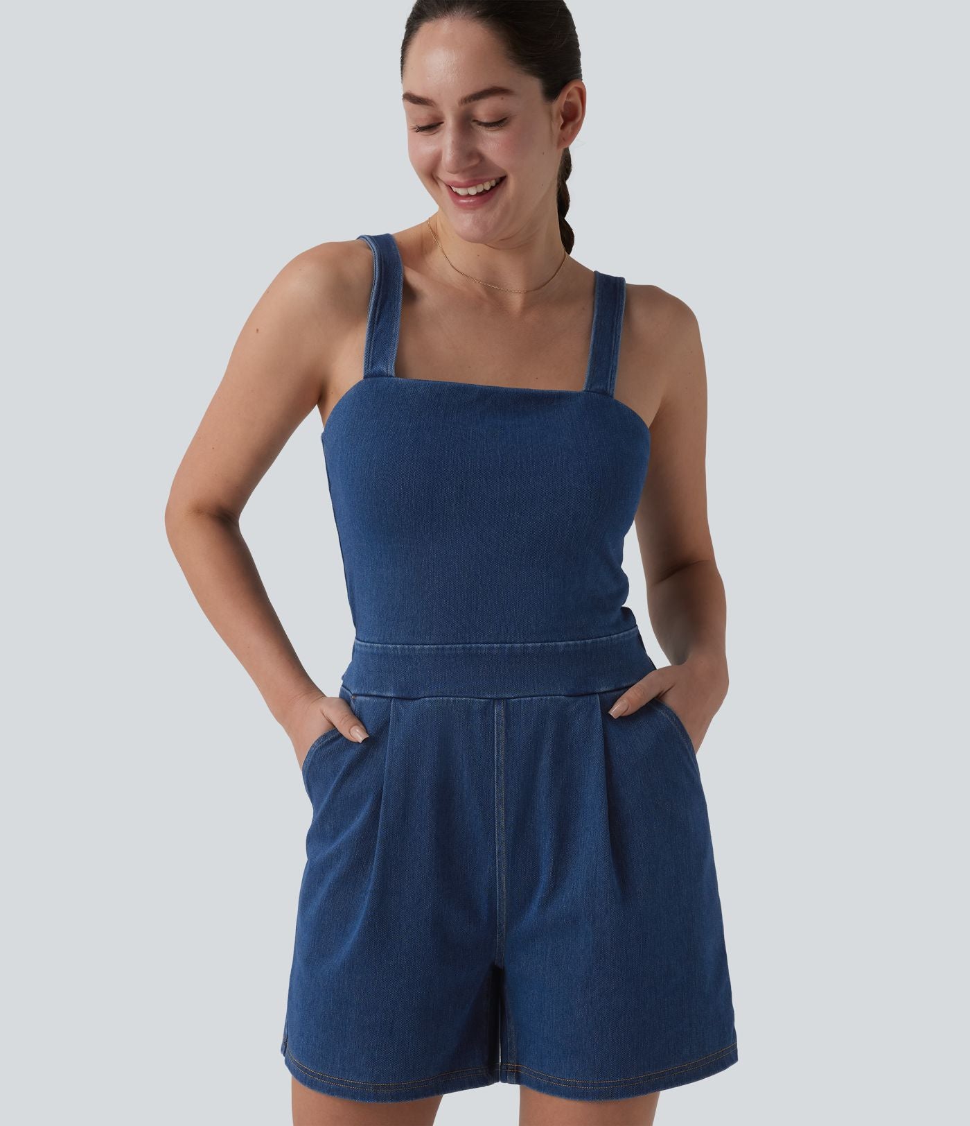 Halara Flex™ Combinaison short casual en denim sans manches à encolure carrée avec poches — Édition Easy Peasy