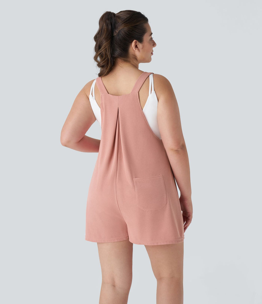 Salopette Casual en Gaufré avec Bretelles Réglables Boutons et Poches Multiples Grande Taille