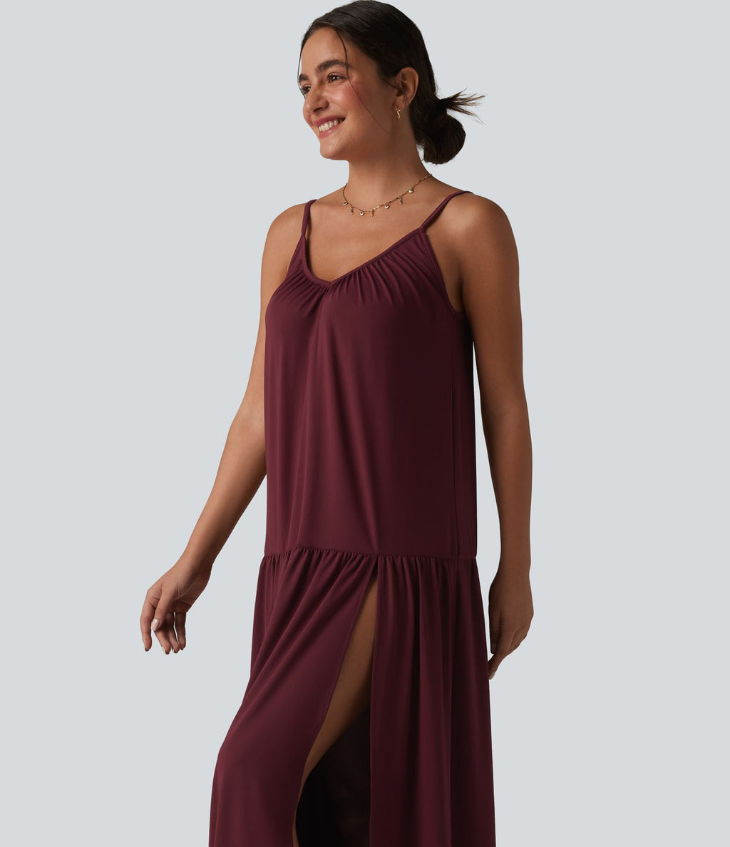 Robe nuisette maxi fluide col V ourlet fendu style vacances