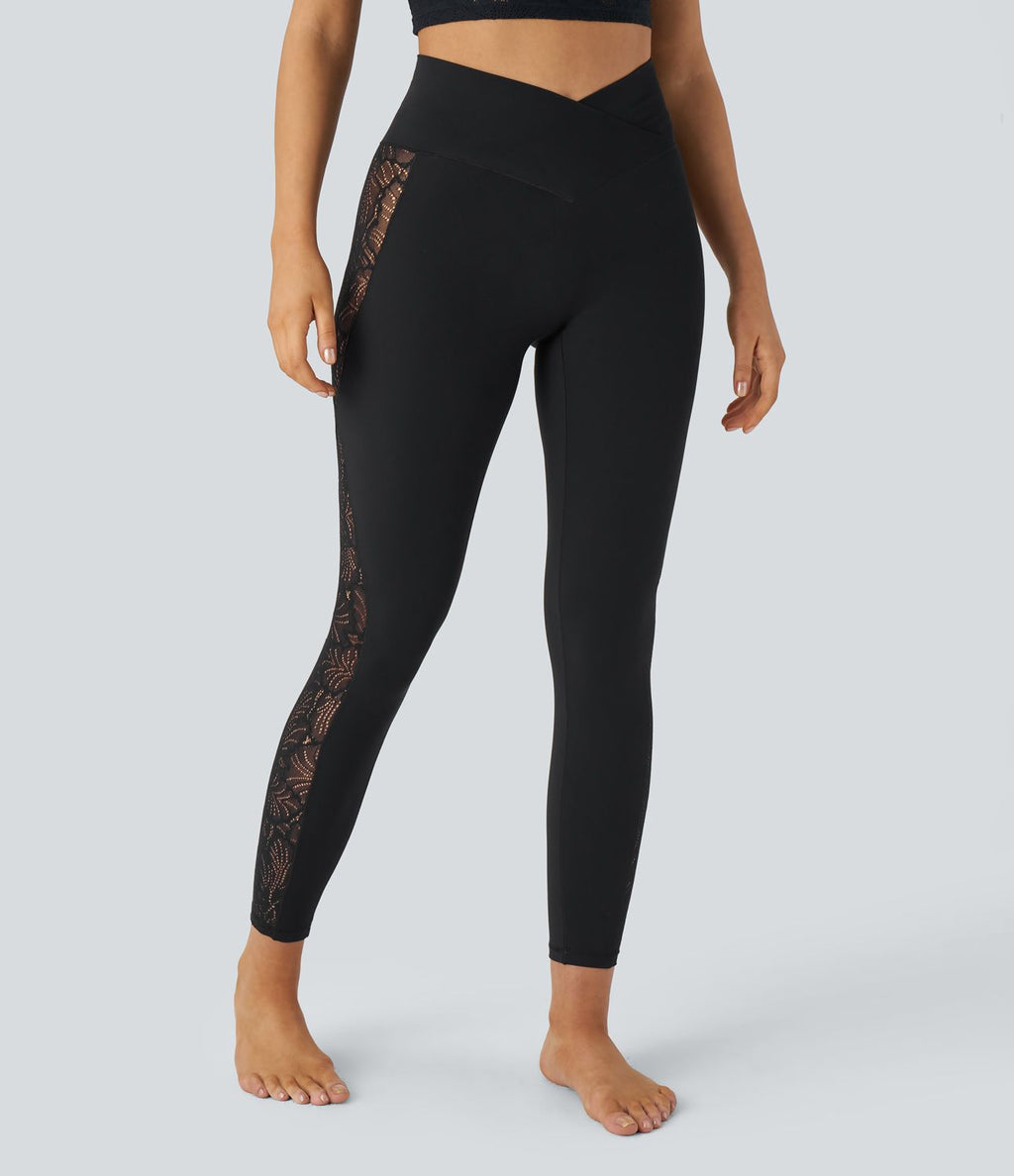 Legging de yoga Softlyzero™ taille haute avec design croisé, dentelle contrastée, sous-vêtement intégré, poche et protection UPF50+