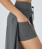 Jupe Casual Évasée Mesh Mi-Longue Fuide 2 en 1 Contrastée Taille Haute Cordon Poche Latérale