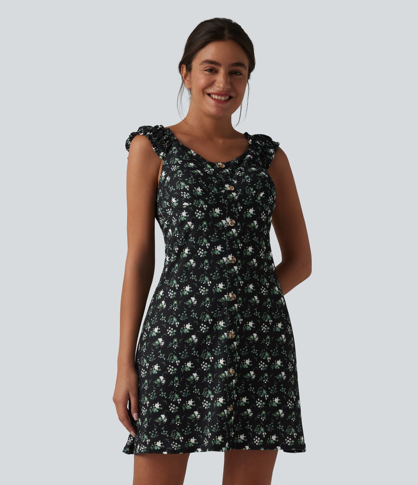 Robe trapèze mini col U sans manches à volants imprimé floral avec soutien-gorge intégré