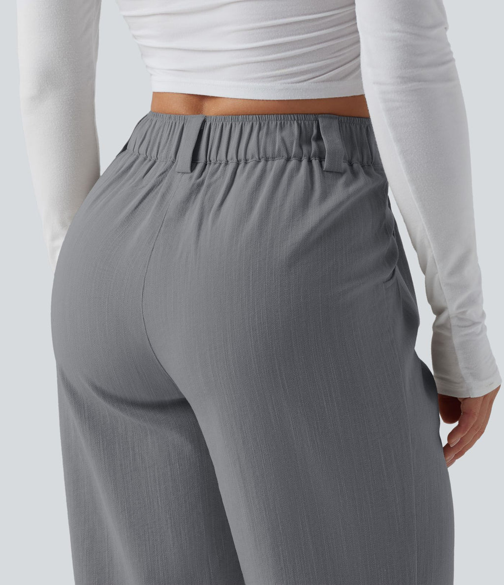 Pantalon décontracté mi-taille effet lin avec poches