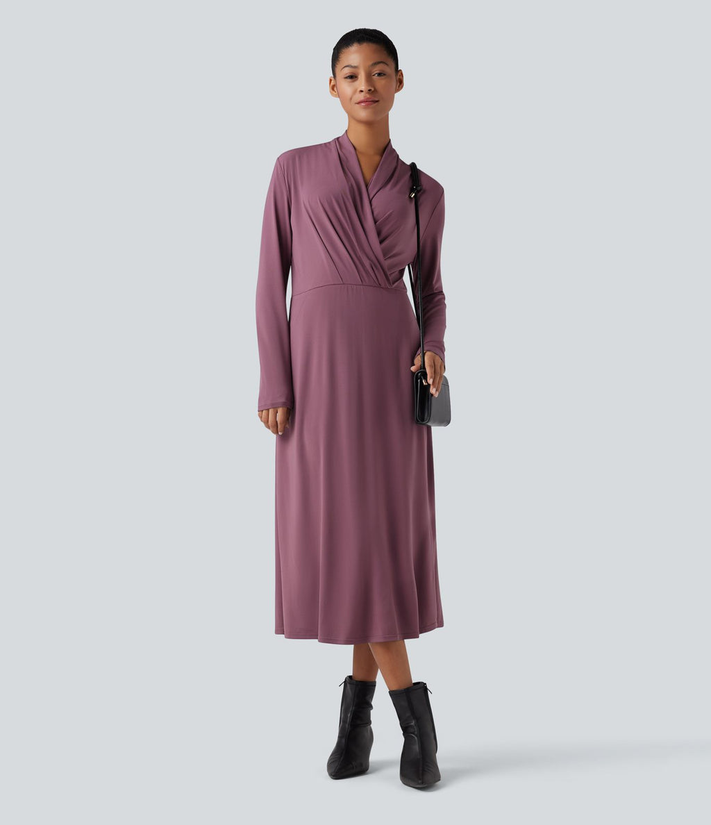 Robe de travail midi col V à manches longues avec poches