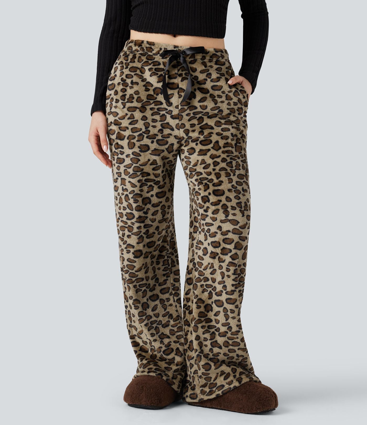 Pantalon large molleton imprimé léopard taille mi-haute avec cordon de serrage et poches
