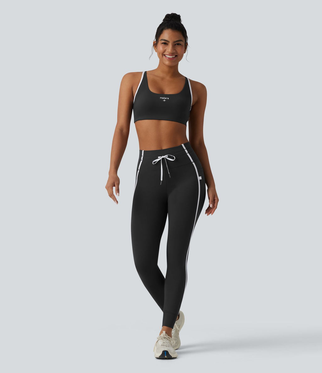 Brassière de sport yoga col U échancré color block imprimé lettrage avec brassière intégrée maintien léger