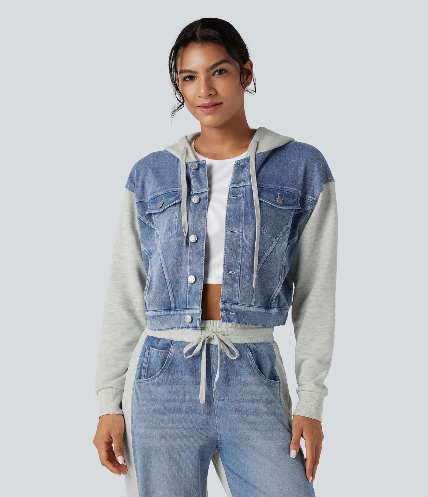 Veste en jean patchwork à capuche avec cordon de serrage et manches longues Halara Flex™
