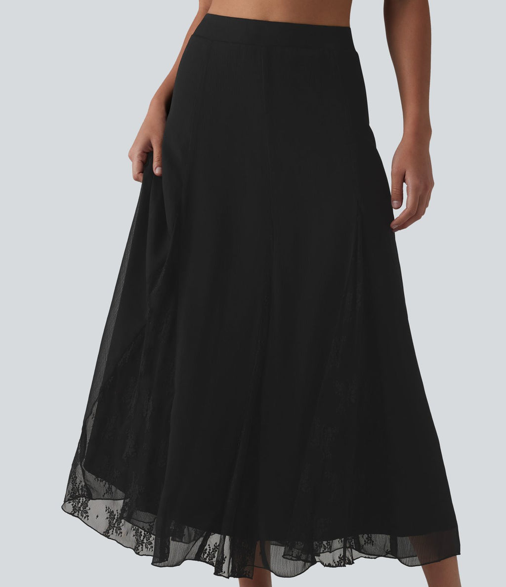Jupe midi fluide taille haute en mousseline avec dentelle contrastée et fermeture éclair invisible