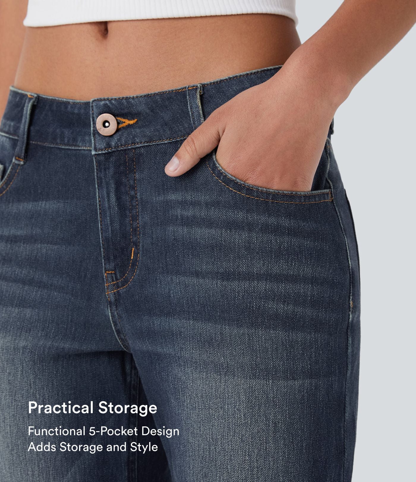 Jean bootcut délavé Halara Flex™ taille basse avec bouton, fermeture éclair et poches multiples