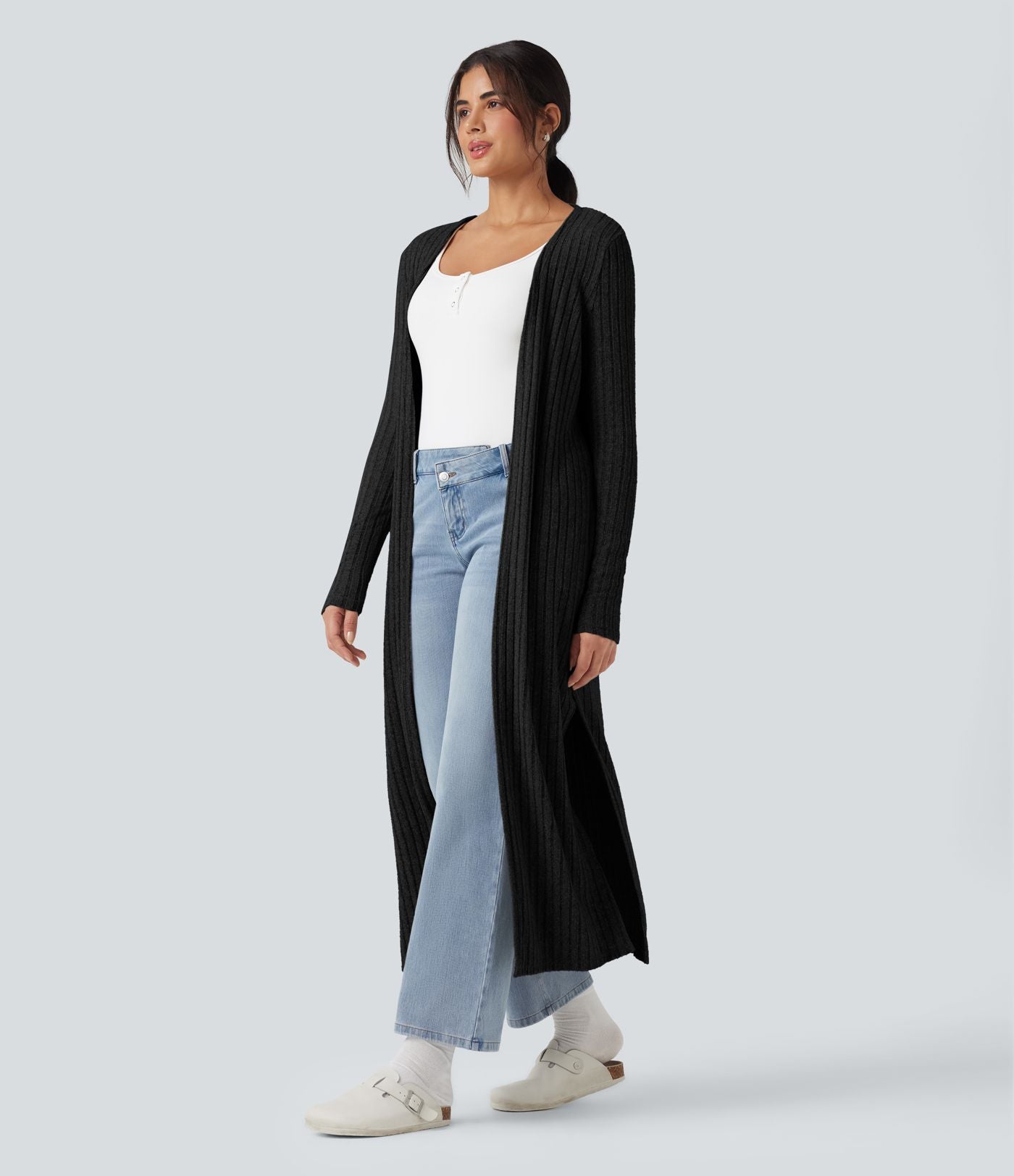 Manteau long décontracté maille côtelée manches longues avec fente