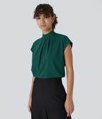 Blouse de Travail à Col Montant Plissée avec Boutons dans le Dos et Manches Courtes