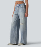 Jogging jean décontracté en molleton French Terry imprimé denim taille mi-haute avec poches