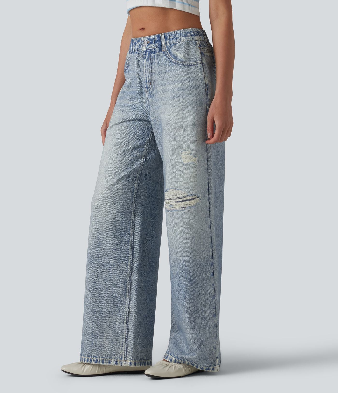 Jogging jean décontracté en molleton French Terry imprimé denim taille mi-haute avec poches