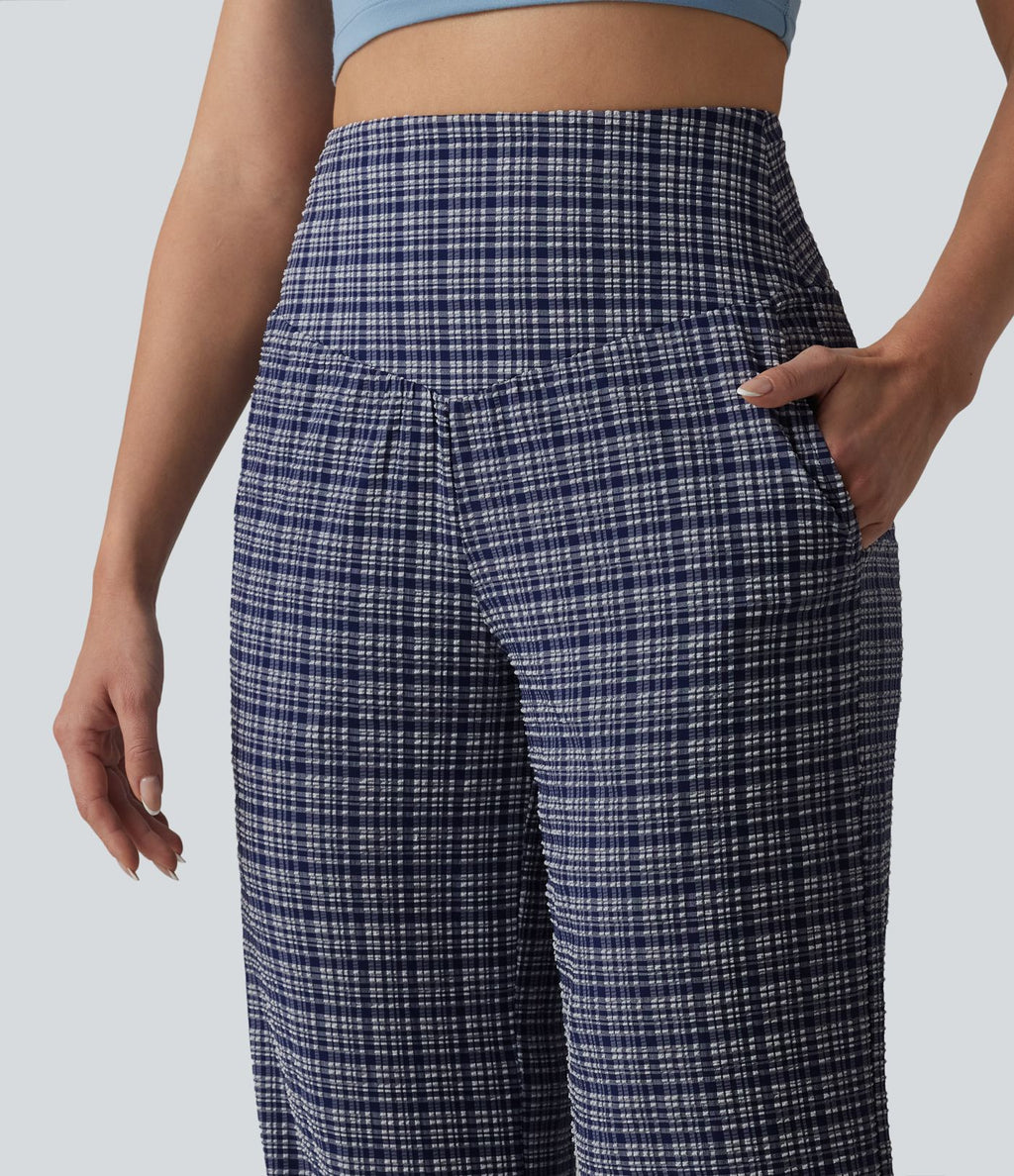Pantalon large taille haute ventre plat à carreaux en tissu froissé séchage rapide avec poches