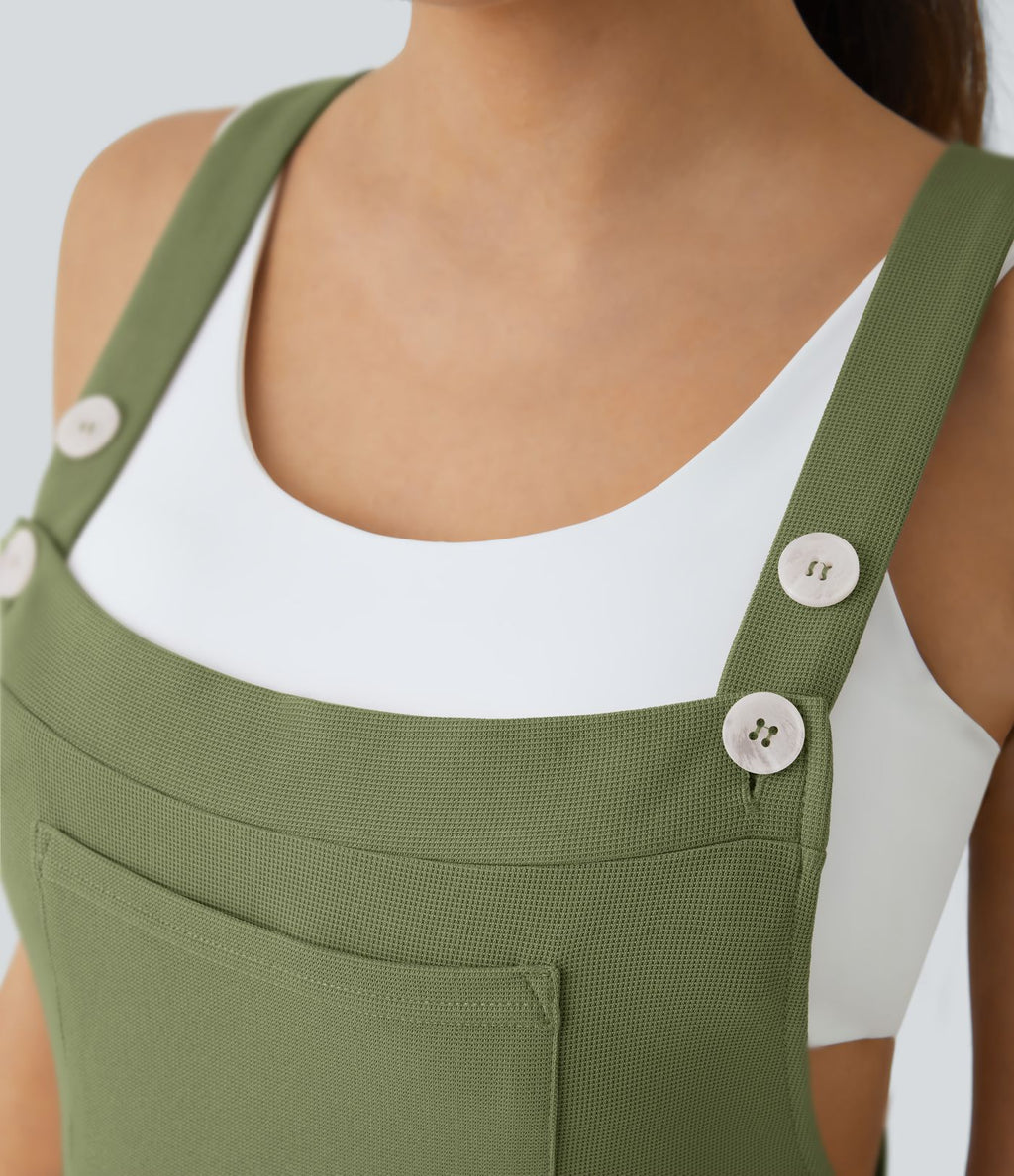 Salopette Casual Bretelles Ajustables Boutonnés Multiples Poches Plis et Tissu Gaufré