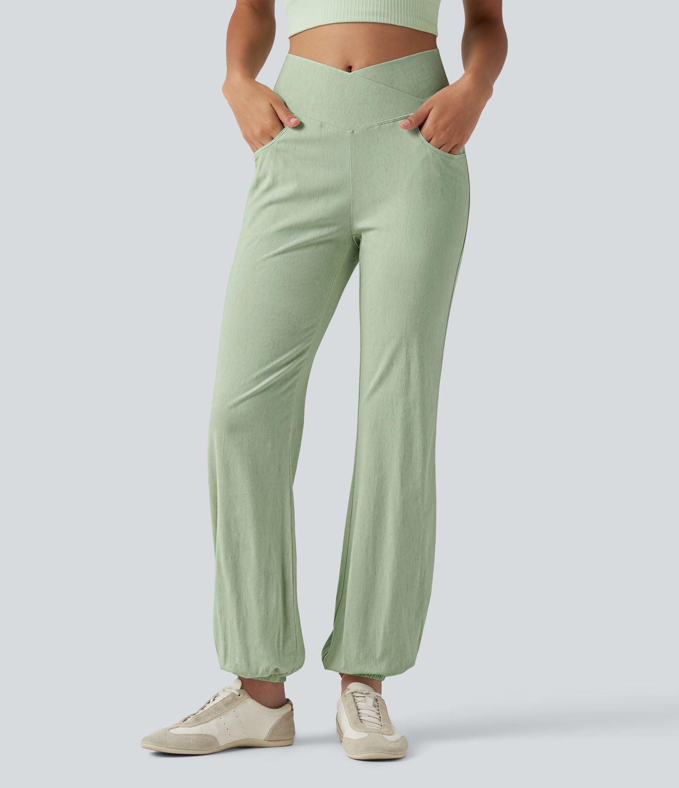 Jogging bouffant casual en lin extensible à taille haute croisée avec poches