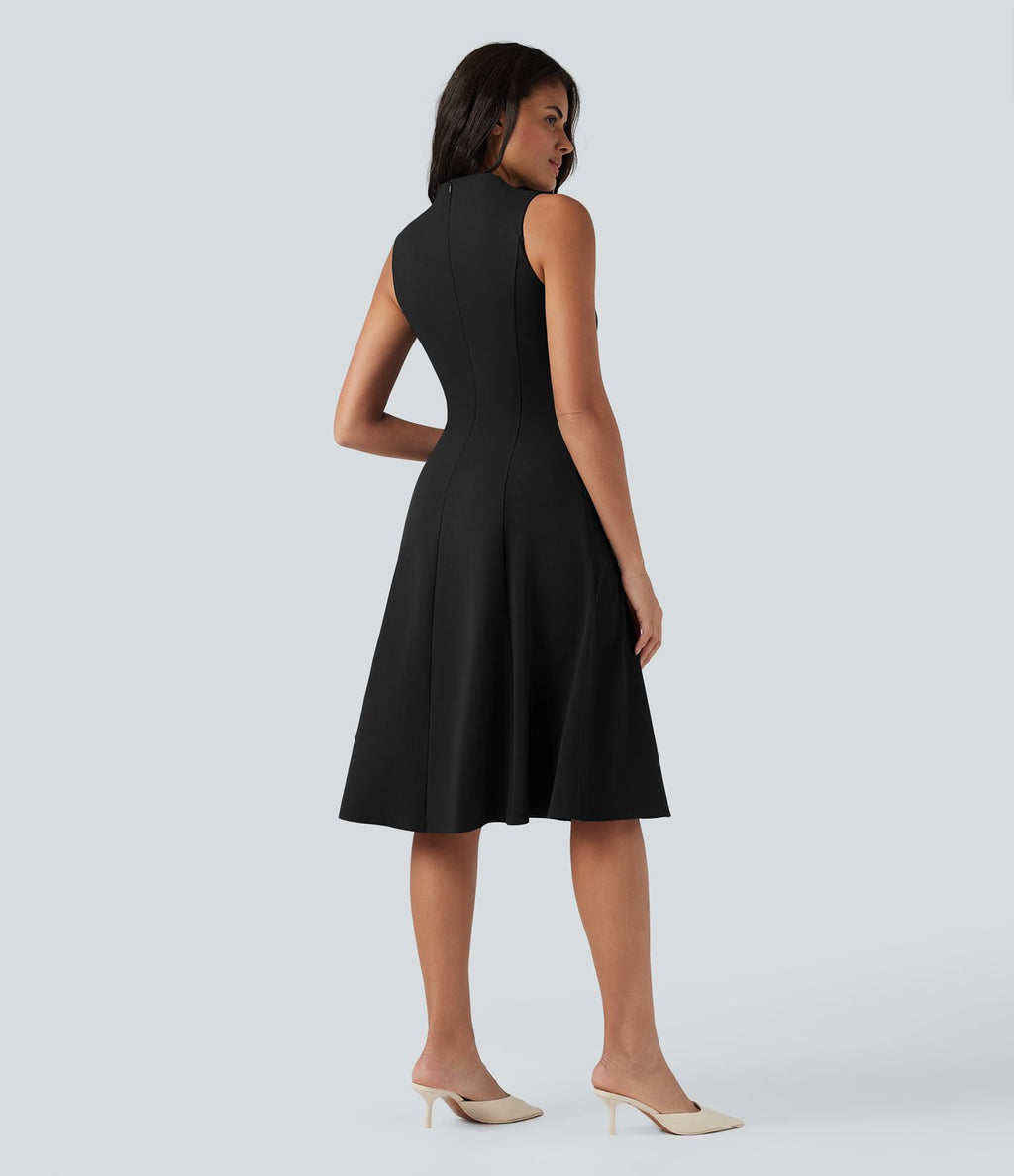Robe mi-longue col montant sans manches avec poches