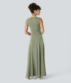 Robe Casual Maxi Col Rond Sans Manches Boutonnés