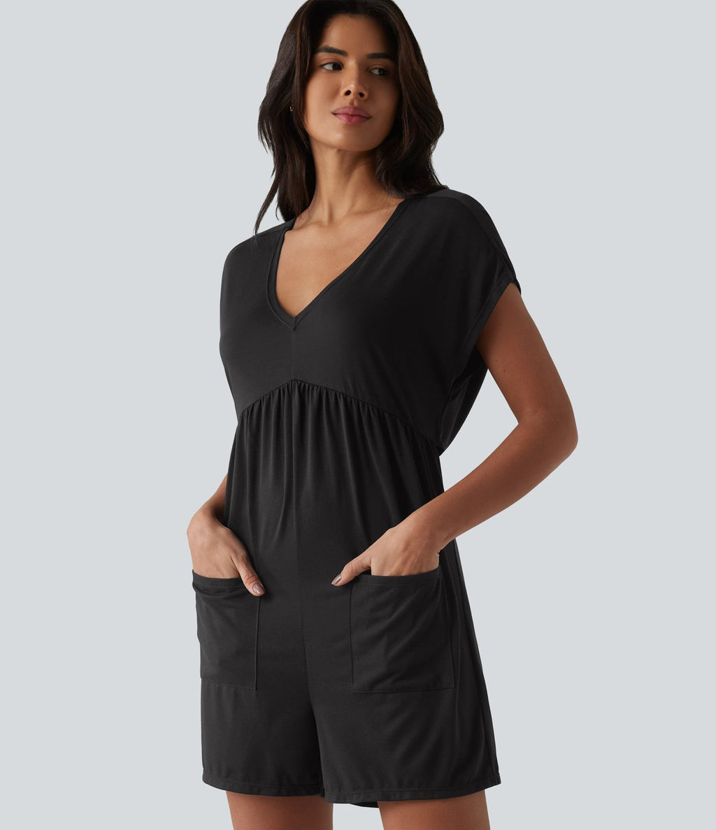 Combishort décontracté col V dos drapé manches courtes en jersey chiné avec poches - Easy Peasy