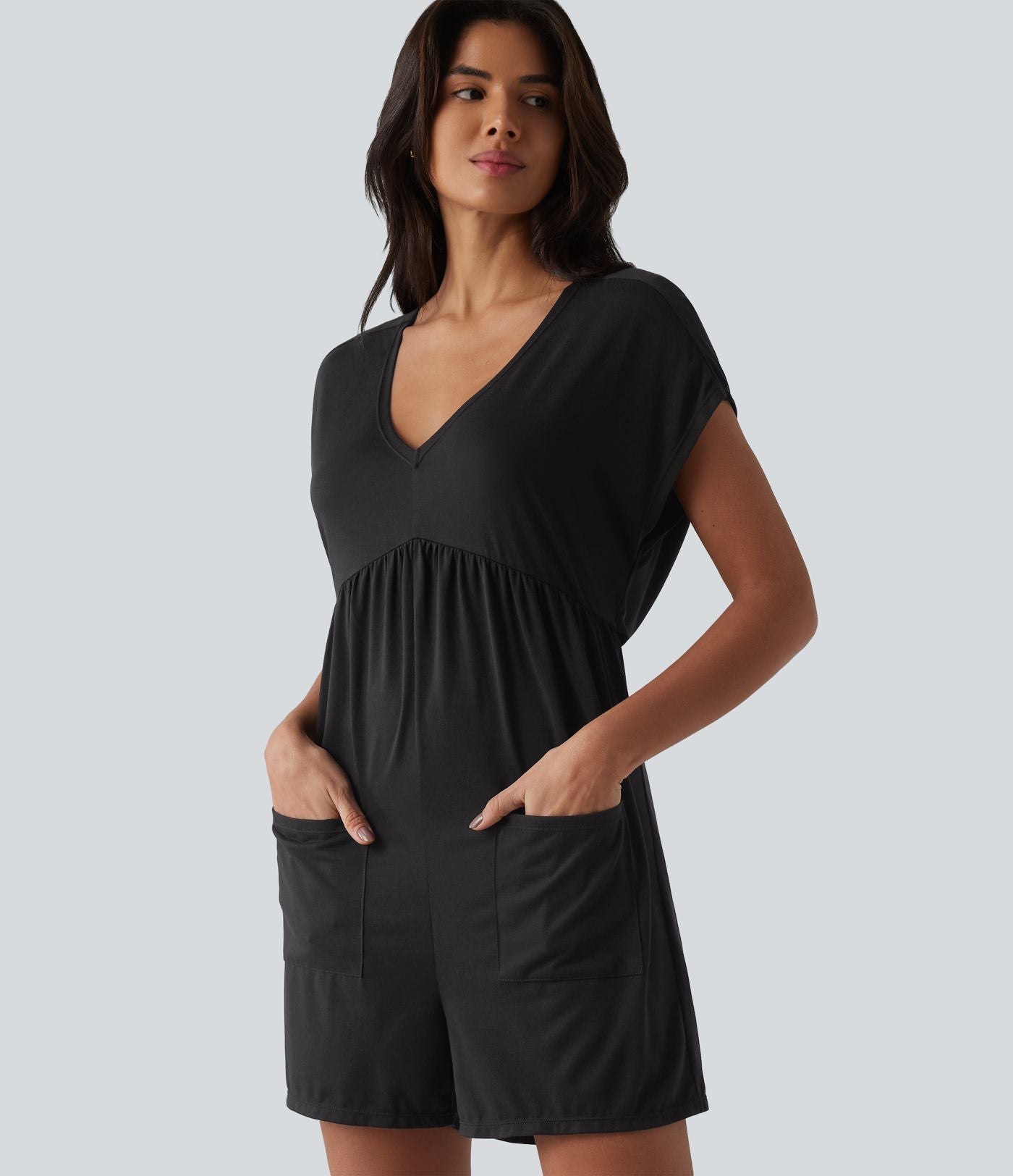 Combishort décontracté col V dos drapé manches courtes en jersey chiné avec poches - Easy Peasy