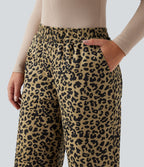 Pantalon léopard ample décontracté velours côtelé imprimé taille haute avec poches